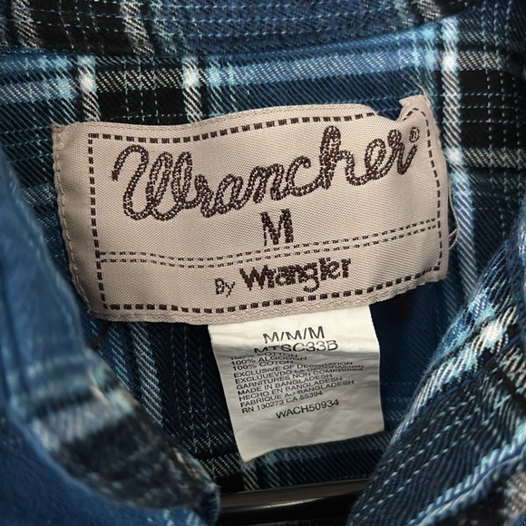 Mens Wrangler Wrancher Pearl Snap Button Shirt Blue Plaid Western Cowboy Medium - Picture 2 of 5